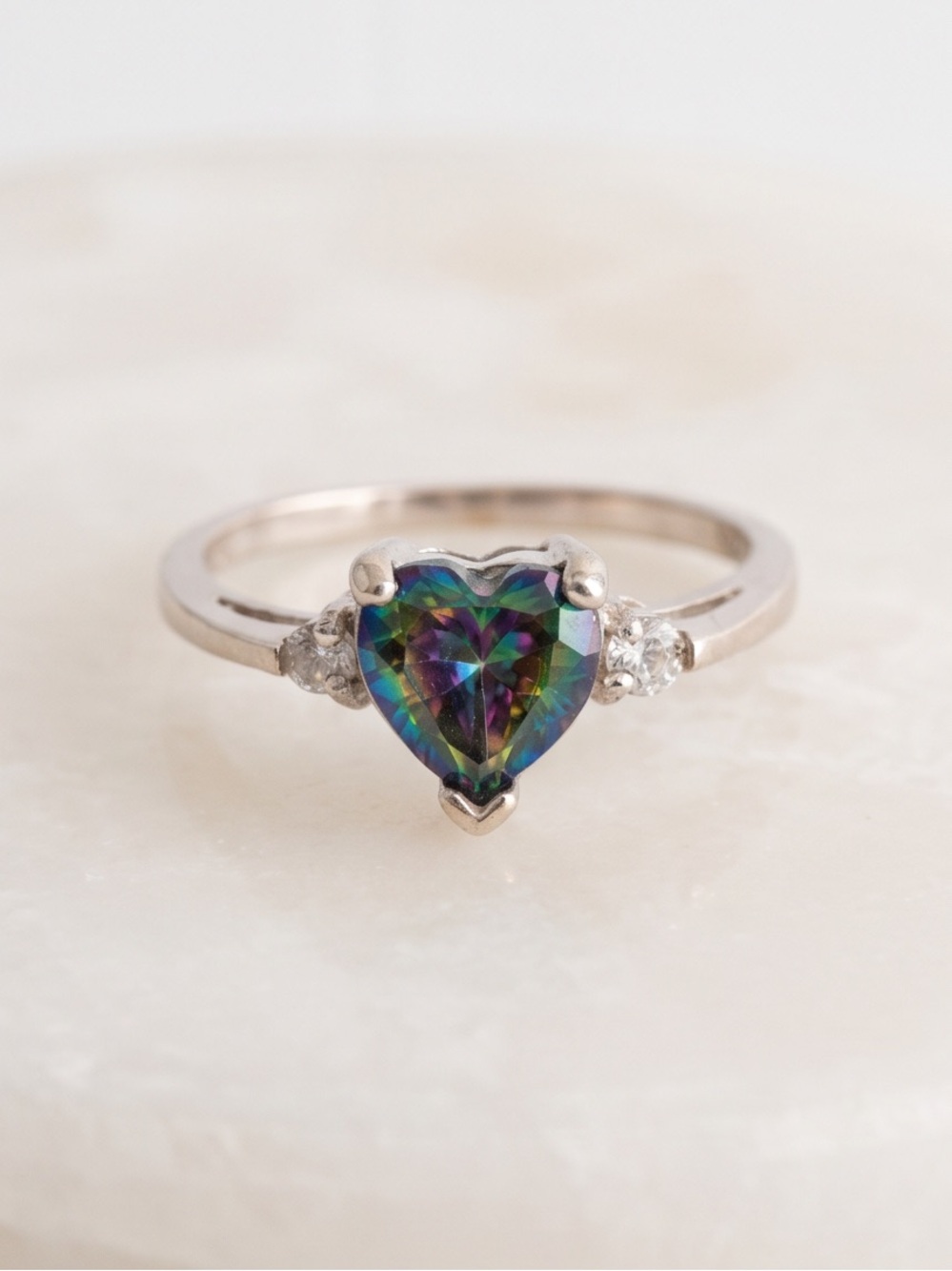 Sterling Silver Dainty Heart Shape Mystic Topaz
Ring Size 5